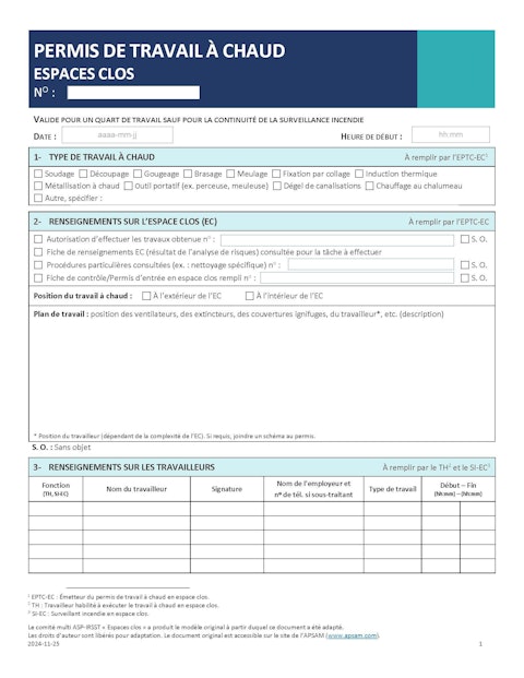 Permis Travail a chaud Espace clos statique Page 1