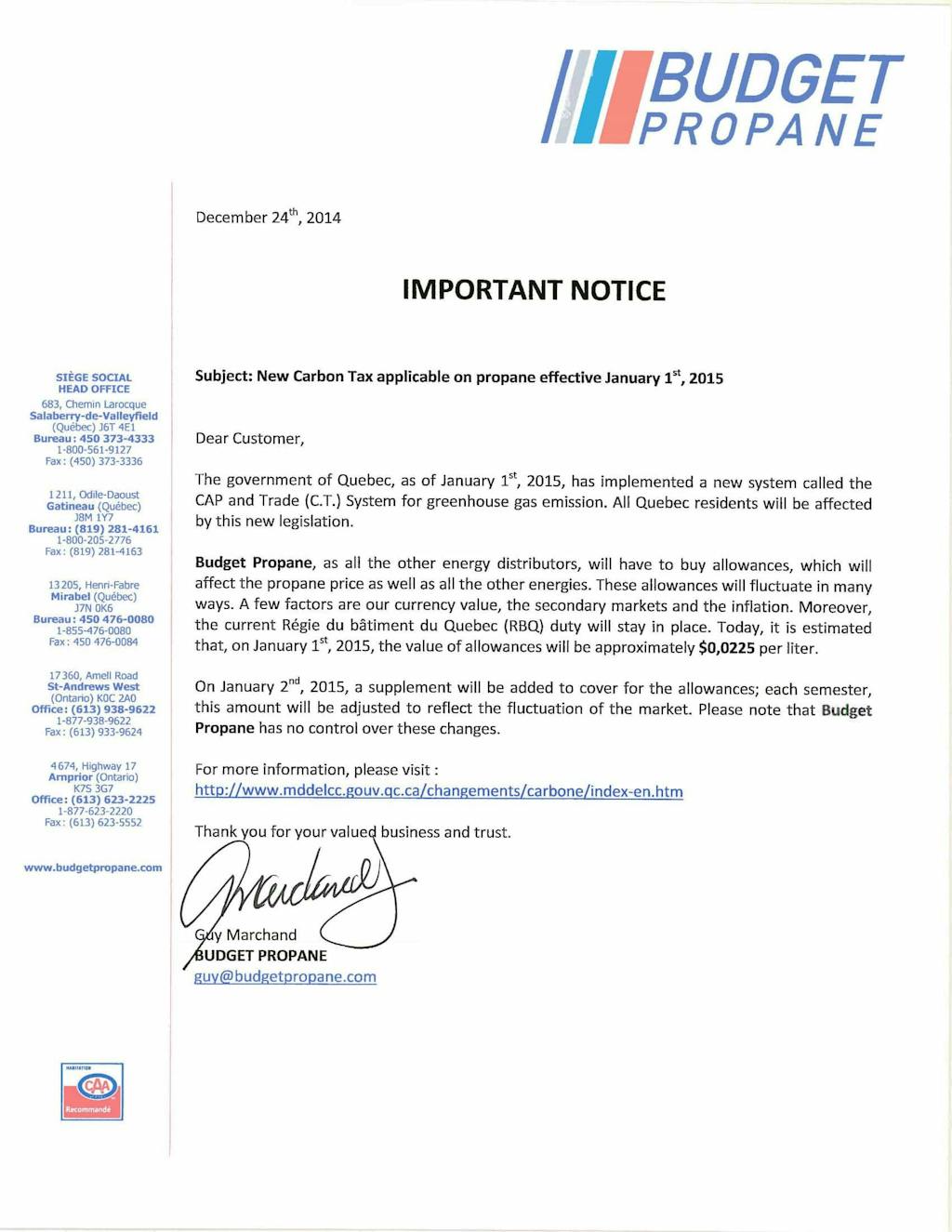 New carbon tax applicable on propane Budget Propane