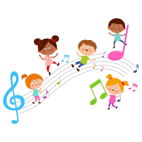 Children play music. Little kids sing and dance with friends together. Kids on musical pentagram singing and playing with musical notes. Boys and girls have fun with musical school activity. Vector Illustration