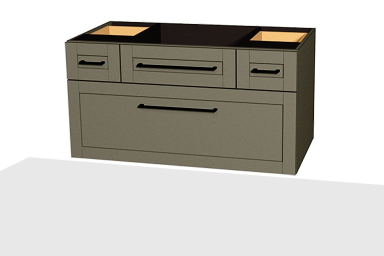 Transitional Shaker 90° centered vanity with small drawers 