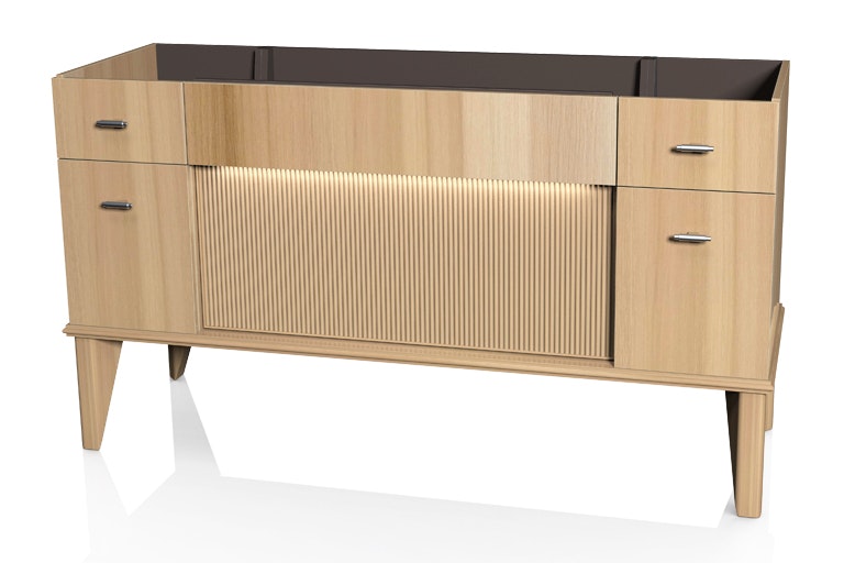 Vanity with an illuminated central drawer and side drawers